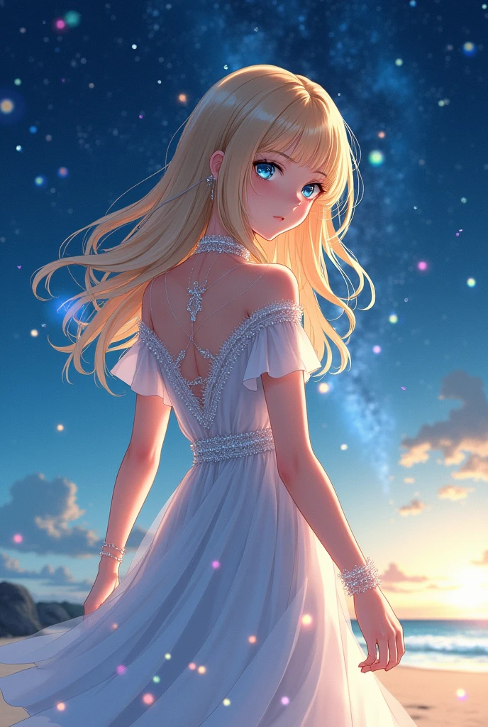 (masterpiece、Highest quality、8k、High resolution)、(The best beautiful girl)、Best Style、(The most beautiful face、Beautiful Skin、Clean blue eyes、Beautiful Lips、Beautiful Nose)、Blonde、Ample breasts、White lace dress、Walking on the beach、look back、Ocean、You can see the forest、A bright night with the stars clearly visible、Beautiful starry sky、milky way、(体whole bodyから神秘的な光の粒子、Colorful light)、(jewelry、necklace)、(whole body)、Highly detailed anime art、A complete portrayal、