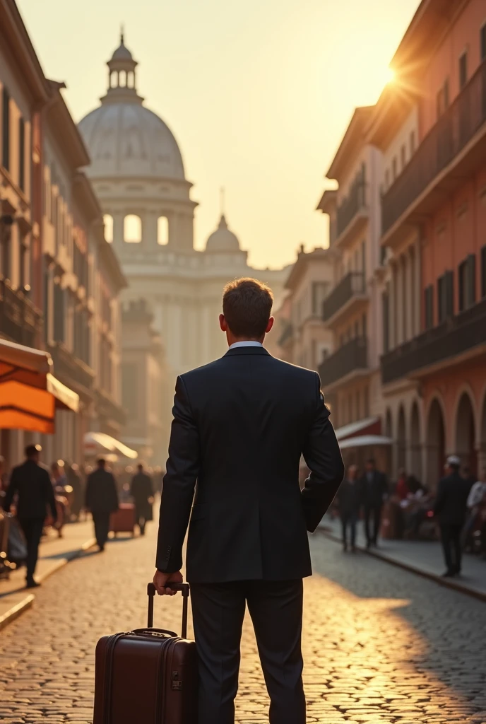 generate a full image of a 32 year old man standing in rome italy with a suitcase