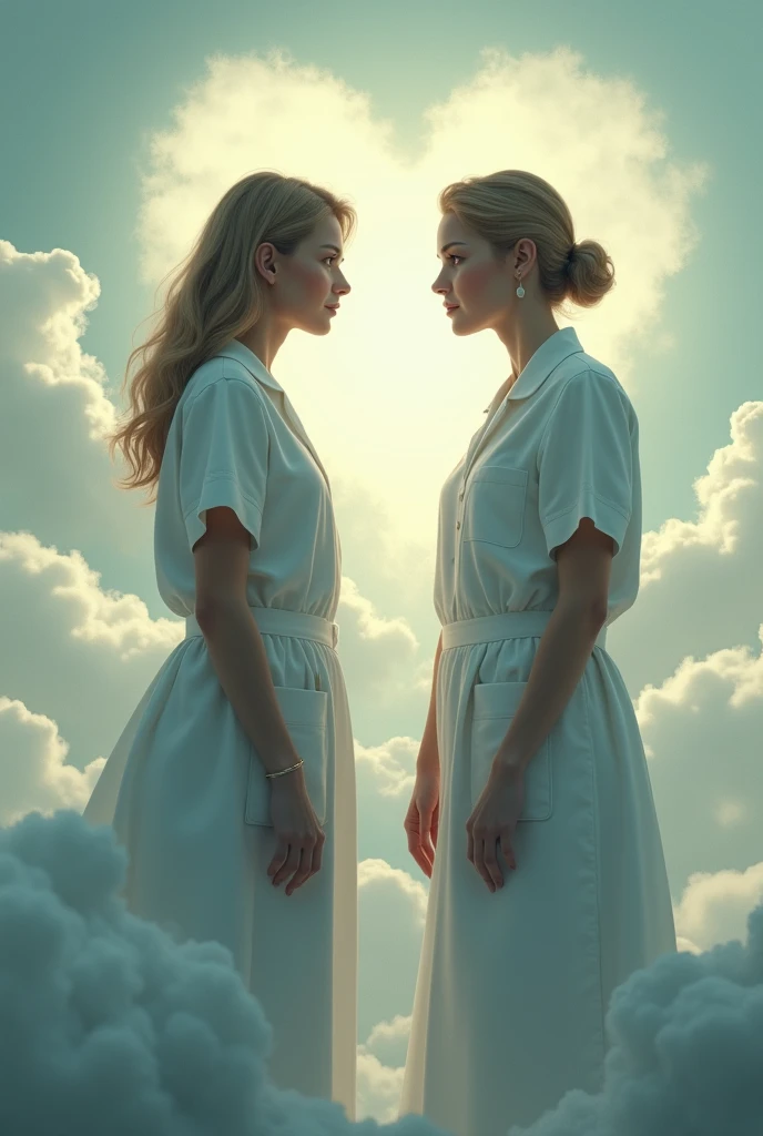 Two ladies doctor like original human seated in heaven in sad where cloud are present and talk with each other about his past sad life