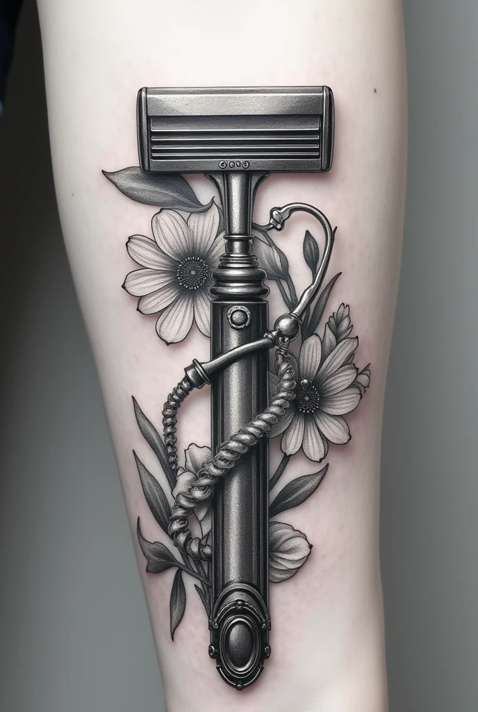 Black and white barber razor tattoo with flower