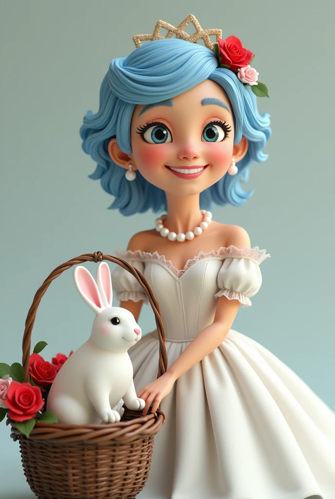 Age60 hat blue woman blue hair
With a very smiling and happy lip
With an old basket with a white rabbit in it
With a white princess dress and
A pearl necklace with a red rose
3Dstyle