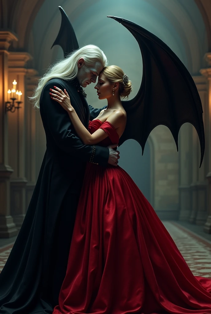 In a dimmed dark castles ballroom, there is a white long haired male vampire vicount, kissing a blonde girl in a red ballgown. The girl is pushed against the wall by the vampire, and her back touches the wall. He has bat wings, that are on his back. Their faces are not visible 