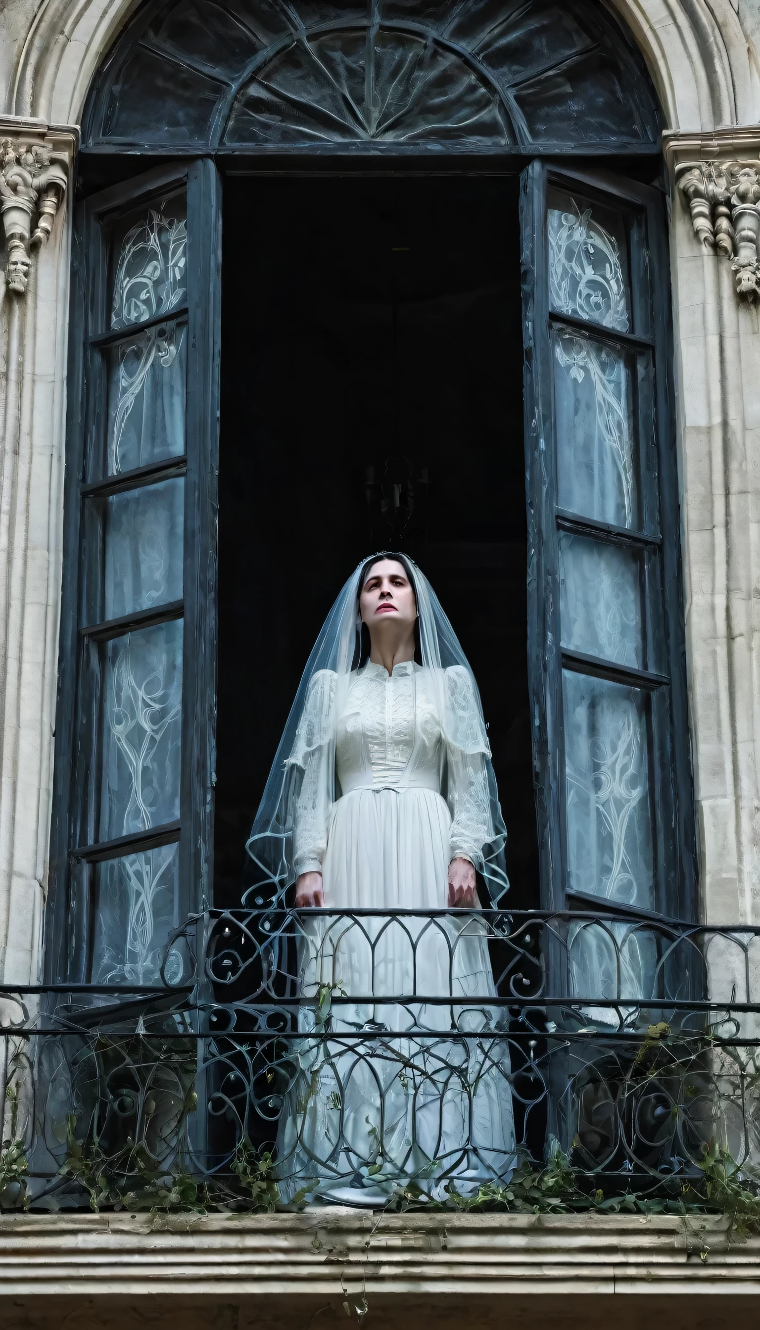 The Weeping Widow standing by a large, ornate window, her ghostly form partially transparent, her expression filled with grief