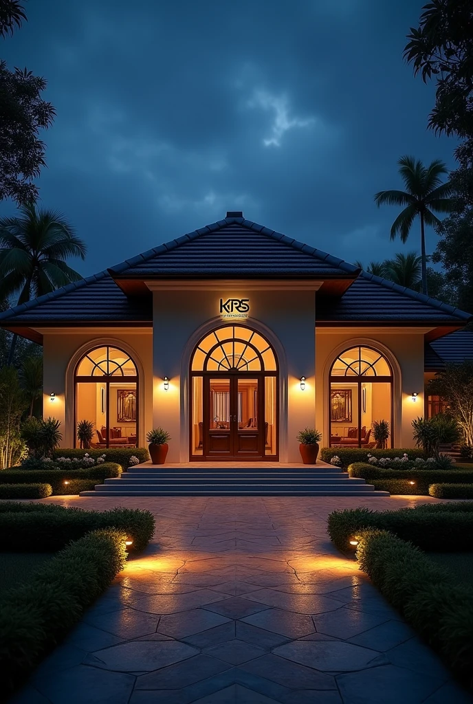 A luxurious bangalow in night view ith glowing by indoor and outdoor lights with the logo of KRS Electrical & Contractors