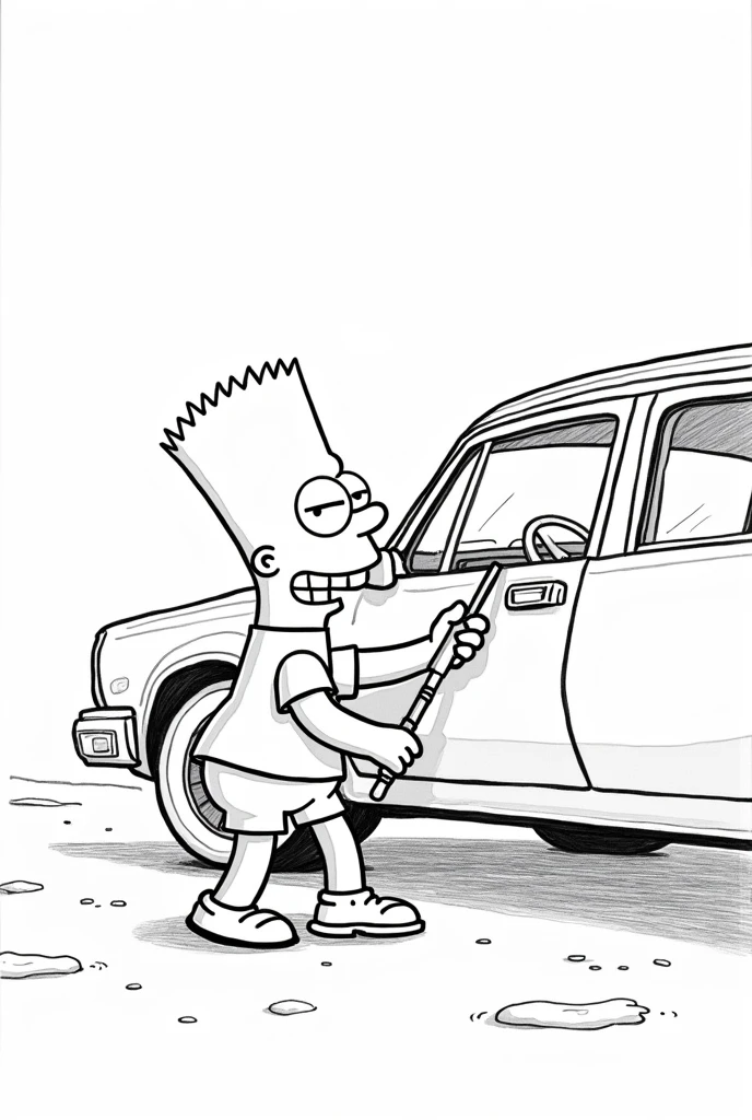 Black and white drawing of Bart Simpson standing with a screwdriver trying to open the car window hidden