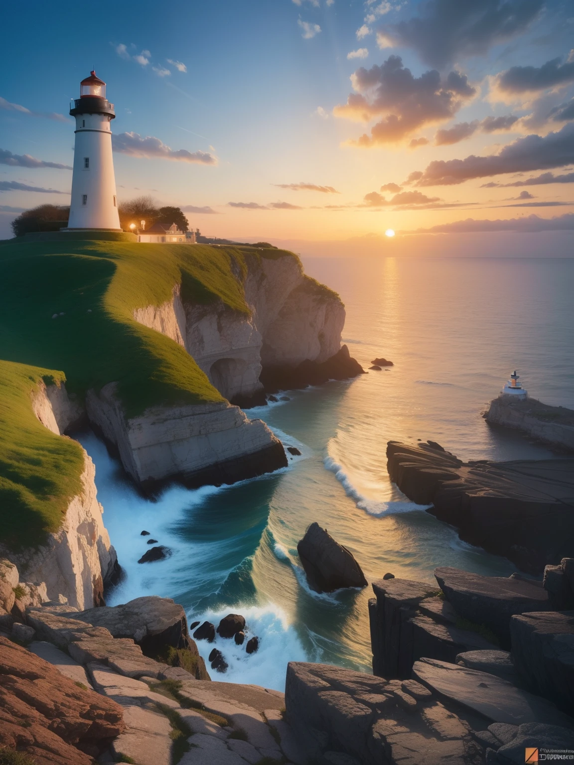 a painting of a lighthouse on a rocky shore with a sunset, beautiful art uhd 4 k, detailed painting 4 k, breathtaking masterpiece of art, 8 k hd detailed oil painting, beautiful painting, detailed 4 k oil painting, stunning painting, oil painting 4k, oil painting 4 k, beautiful painting of a tall, highly detailed 4 k painting, a beautiful painting