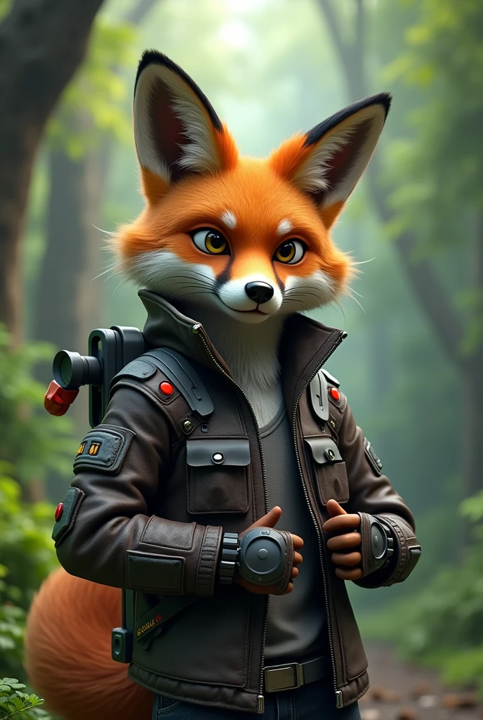 A YouTube channel cover with a forest background, highlighting a male 3d fox with leather jacket, futuristic equipped with construction tools with a serious and intelligent appearance