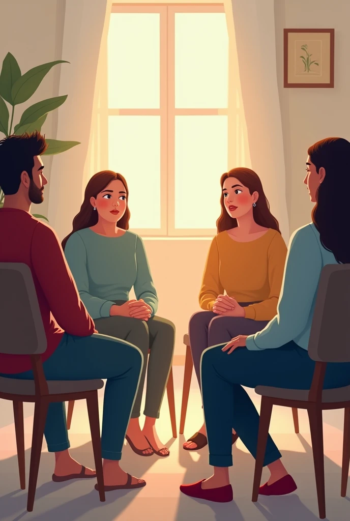 group therapy, people sittin on chairs, forming a circle