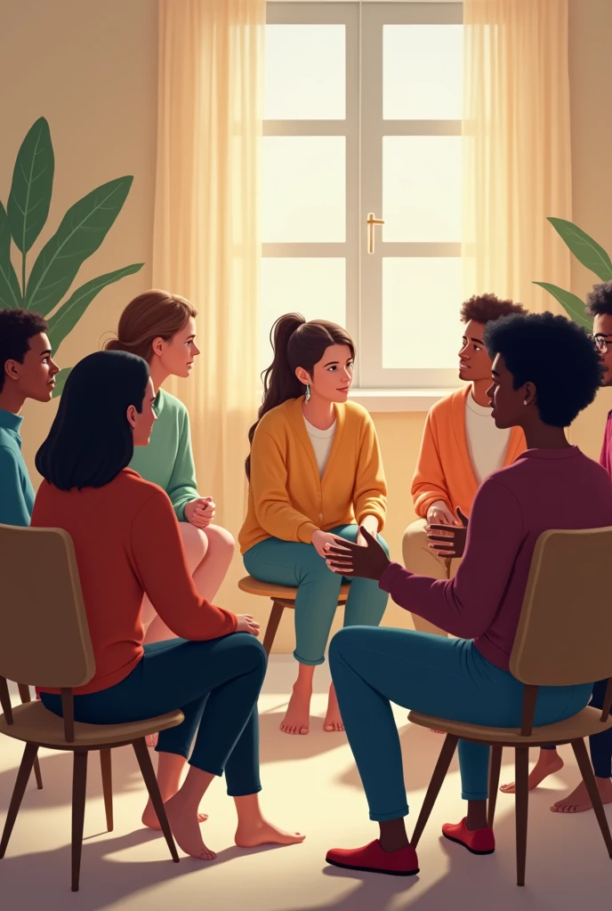group therapy, people sittin on chairs, forming a circle