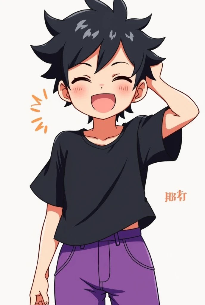 Make an anime character with black hair to the side and a black shirt and purple pants with a happy face 