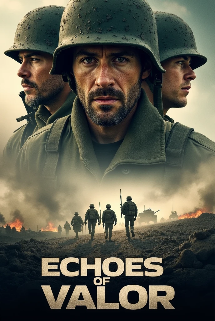 A powerful and realistic Movie poster with the title"ECHOES OF VALOR" images and title must be bold and visible.