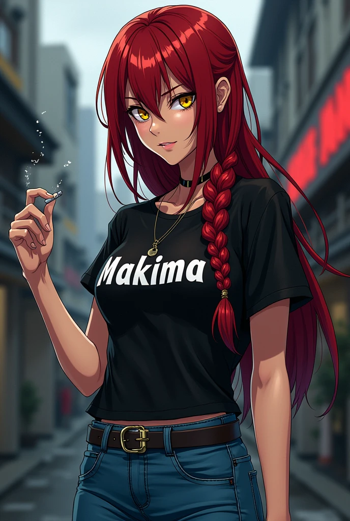 Makima, chainsaw man, red hair with single braid, yellow eyes, wearing black t-shirt with Makima written on it, blue jeans, long black hair,smoking cigarettes, giving yakuza vibes, realistic, intricate details, hard colors