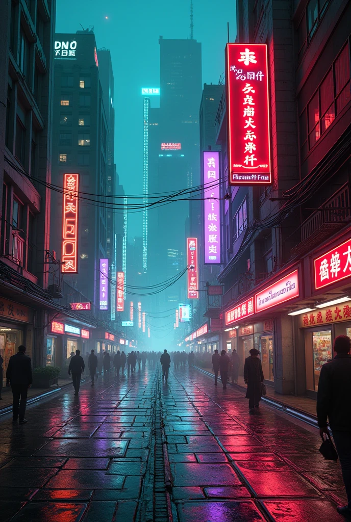 A neon road with buildings and teal , orange and purple lights and shiny floor more dangerous 
