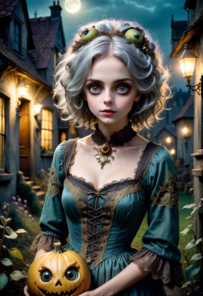 Vibrant, analog photo style, depths of field, (cute woman with big doll's eyes, messy grey hair, surrounded by a dark horrible antique setting), (don't be afraid of the night, be afraid of those you might meet at night), (her full body is a visual pleasure), extremely sexy, gloomy dark atmosphere, deep shadows with the some sun rays, a delicate balance between beauty and darkness, faded colours, great quality, Masterpiece, blurred gloomy background, naturally cinematic light, 16k quality, kodak porta 400, bokeh.