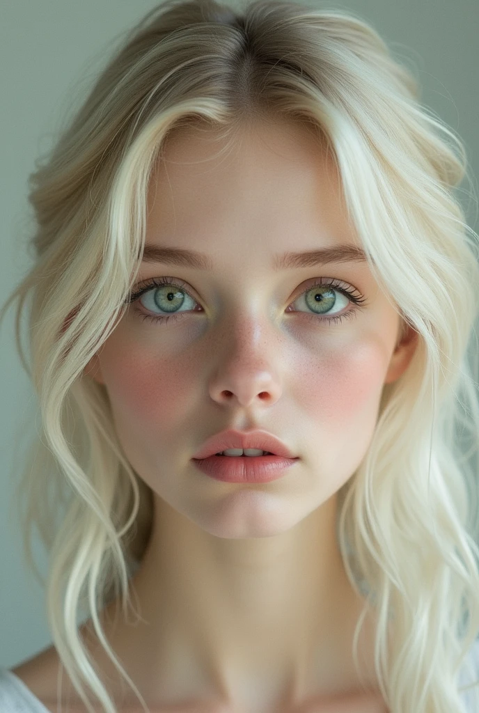 Super light blonde girl with big light green eyes, pale skin, full lips, small nose and wavy hair