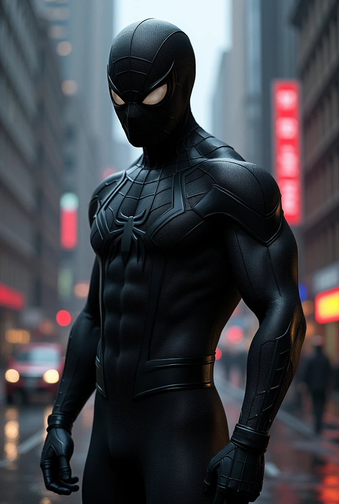 Make a Spiderman   realistic with black suite  
