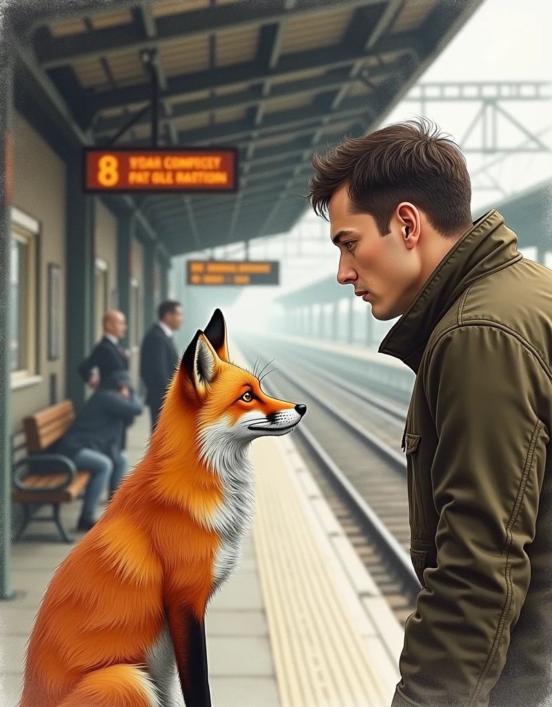 A drawing of a man staring at an orange fox at a train station, IN DRAWING STYLE