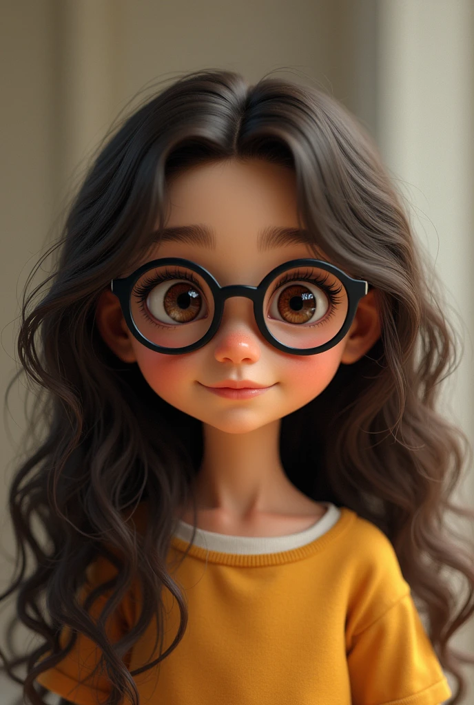 A TEN YEAR OLD with LONG hair reaching her waist,wavy, medium curly, dark brown, brown eyes, brown skin 1,50 tall wears black glasses