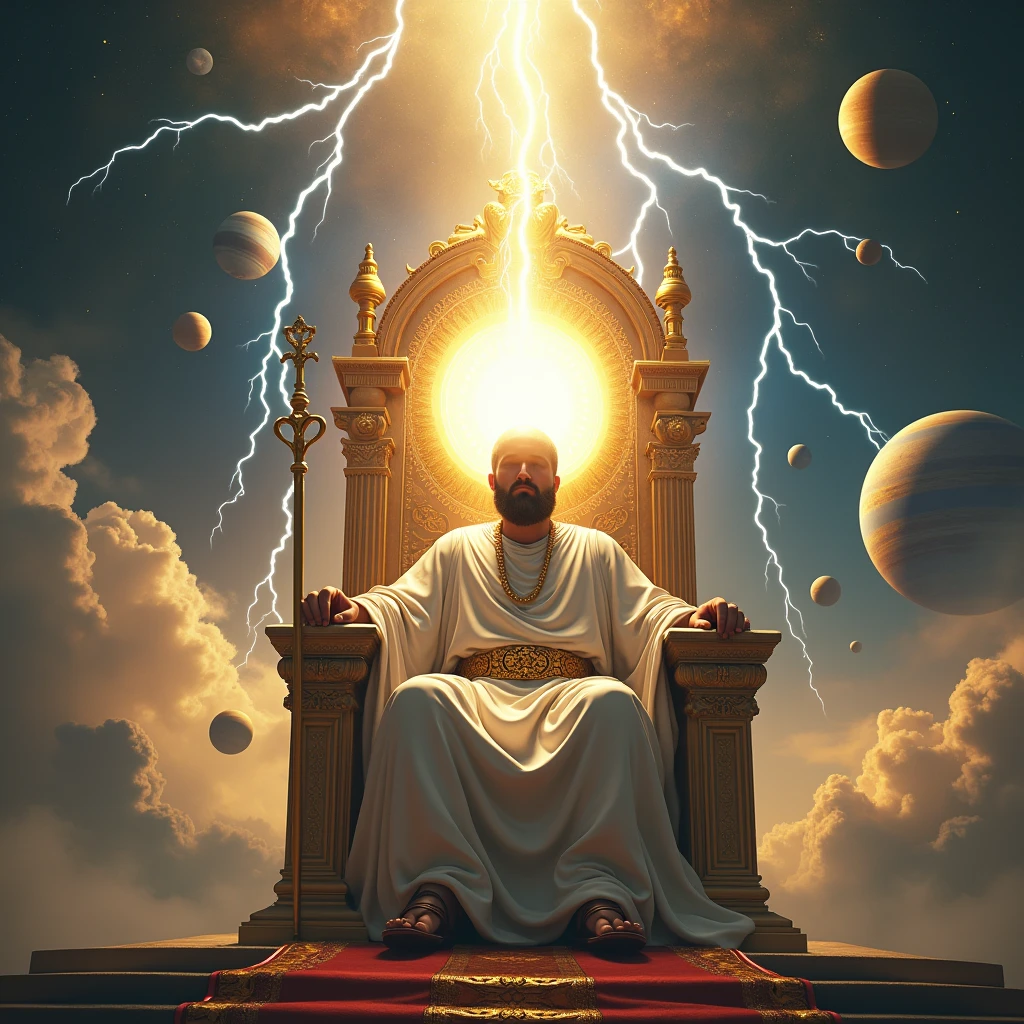 Make an ultra-realistic drawing, cinema picture, 4K resolution 1080px1025 A mighty throne of a king in heaven and a man in white robes sitting on it with a golden belt around his waist and Roman sandals. He holds a golden scepter in his hands, his face can't be seen, for a strong powerful light came out and said the throne and from it also came lightning bolts and thunder and an immense face. He seems to be very powerful, if he were God. however, his face can't be seen put a strong light coming out of his face, because no one can see the face of God. In place of the head, put a big ball of light.