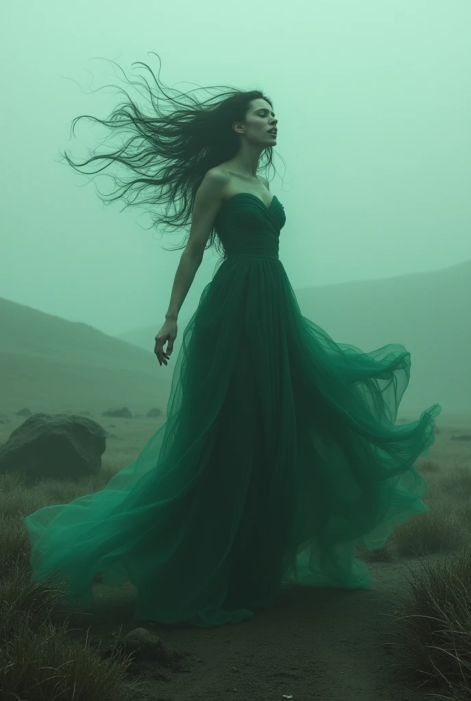 A spectral woman with wild hair and a flowing green dress, wailing on a windy, fog-covered moor."