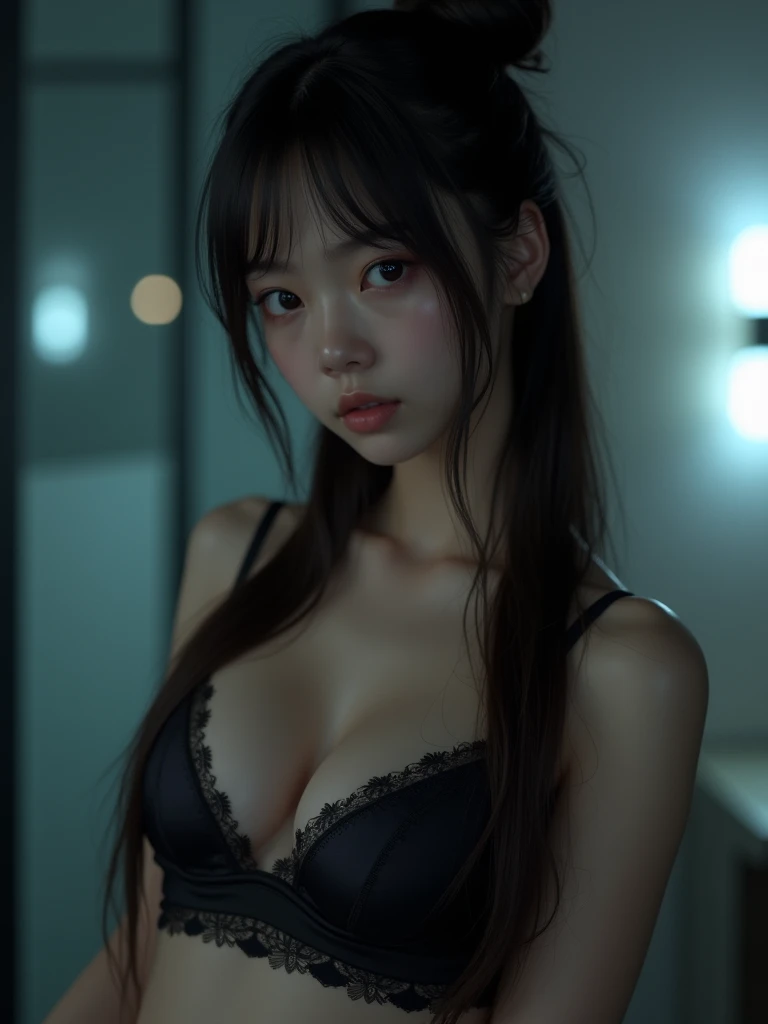 real photograph, (Top image quality, 8k, ​masterpiece), top-quality, 超A high resolution,Japan Girl, 18 year old, pretty face,  lace bra, kawaii faces, Melancholy look, double eyelid、big breasts: 1.4、Bun Hair、night modern room、Movie Lighting, Photorealsitic, real looking skin, NFSW, 35mm, Shot with Leica,