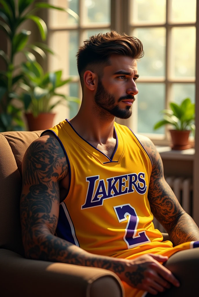 (photorealism:1.2), beautiful man, sitting on chair, wearing lakers jersey, hairstyle like David Beckham in 2016, indoors, soft lighting, plants in background, window with sunlight, cozy room, relaxed pose, realistic, intricate details, warm colors, by Greg Rutkowski, by Alphonse Mucha