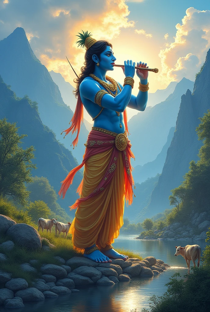Make one banner for bhagvat Katha
Shree krishna with flute and lake and mountain cows 30×10 Miter size