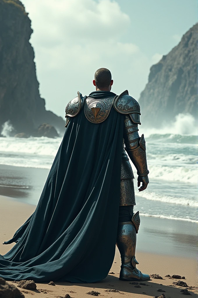 Armored man from behind on the beach standing realistic