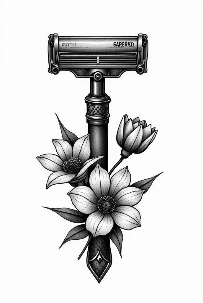 Black and white barbershop razor tattoo with flower