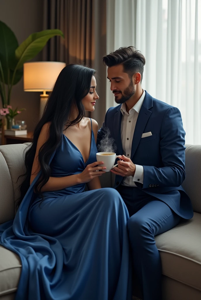 A woman with long black hair, wearing long blue clothes, with her husband wearing blue formal wear, in a high-end office, both drinking coffee