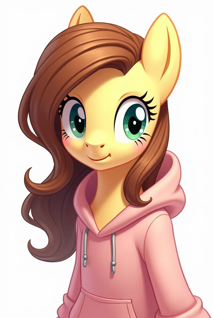 , White Background, Brown Hair, Beautiful Face, Wearing a hoodie, (Highly detailed CG Unity 8k wallpaper), (Highest quality), (Best illustrations), (Best Shadow), Fluttershy, (My little pony)