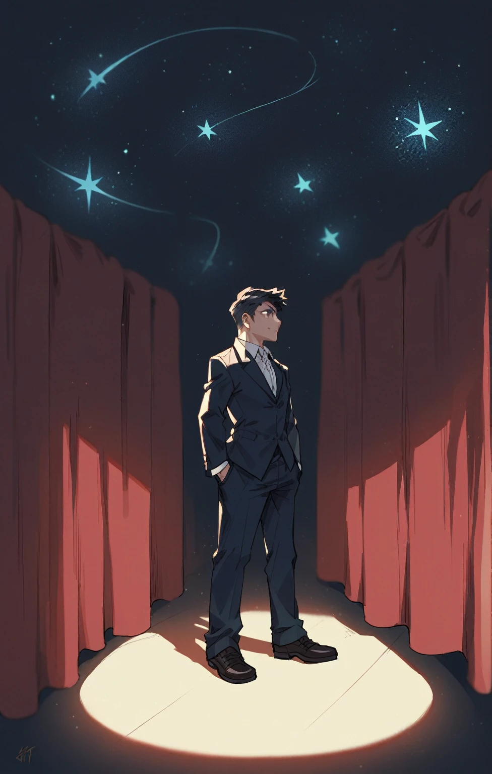 score_9, score_8_up, score_7_up, score_6_up, score_5_up, score_4_up, 1boy, dark hair, profile half front view, full body, shot seen form afar, suit, dark social shoes, dark background, cosmic lights, stars bright on background, composition of red curtains and dark wood on the walls in a blurry background, seats of a theater being seen vaguely in the dark  blurry background, sketch, little light, shadows of people siiting, blurry, 2d, digital paiting, tick outline