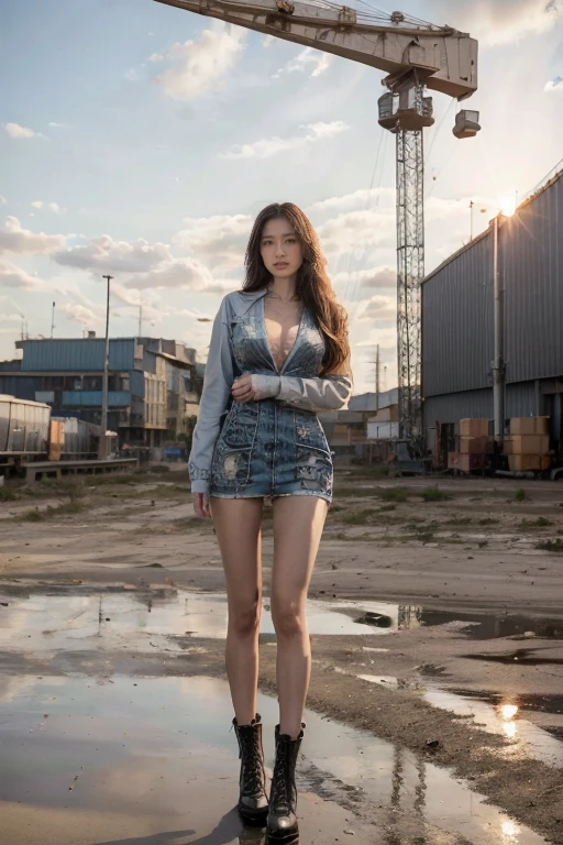 At sunset,Spectacular clouds, (Reality:1.3), (best quality:1.0), (Ultra-high resolution:1.0), 8k, RAW photos, (masterpiece,best quality), 1 Girl, Delicate skin, Detailed eyes, (Long hair:1.2), (Large Breasts:1.1), (Engineer clothing:1.3), Long legs,Boots,Standing in the factory,Huge crane in the background
