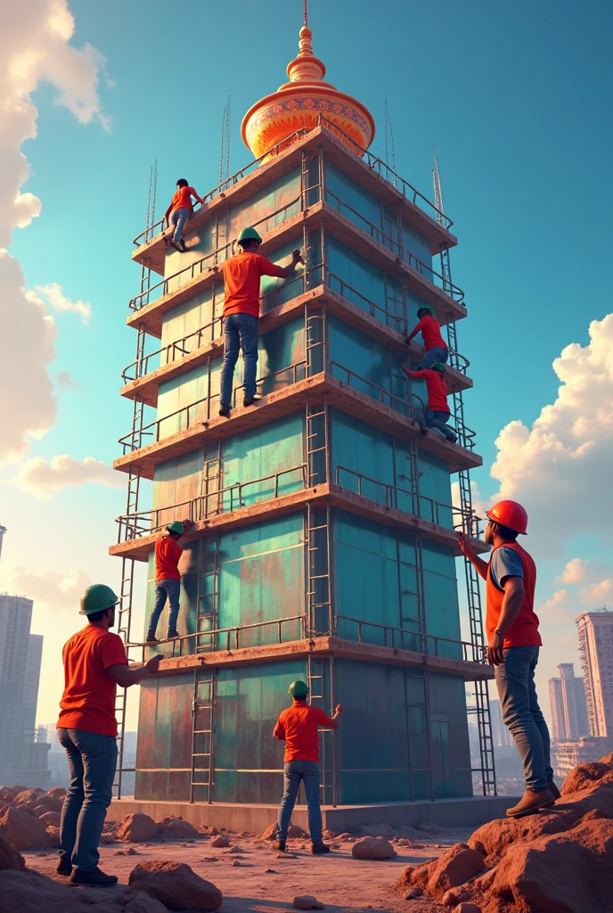 Square 30 floor building with dycrolic glasses, construction, workers working show clay pot pn top as dahi handi festival janmashtami beautiful background merge with atmosphere and festival of Janmashtami show workers doing team work and stepswith different heights working to complete tower
