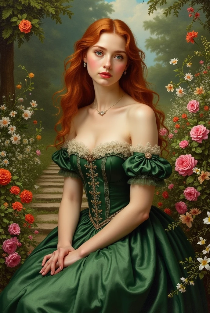 Create a Renaissance painting of a beautiful young woman wearing a green dress with a corset in a flower garden