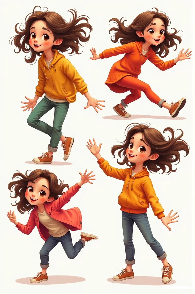 One with brown eyes and brown hair in colorful clothes,Do it in various poses