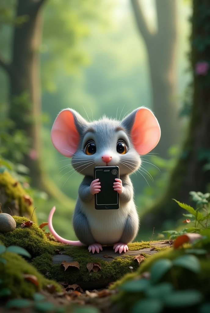 A little gray mouse in a selfie IN A FOREST