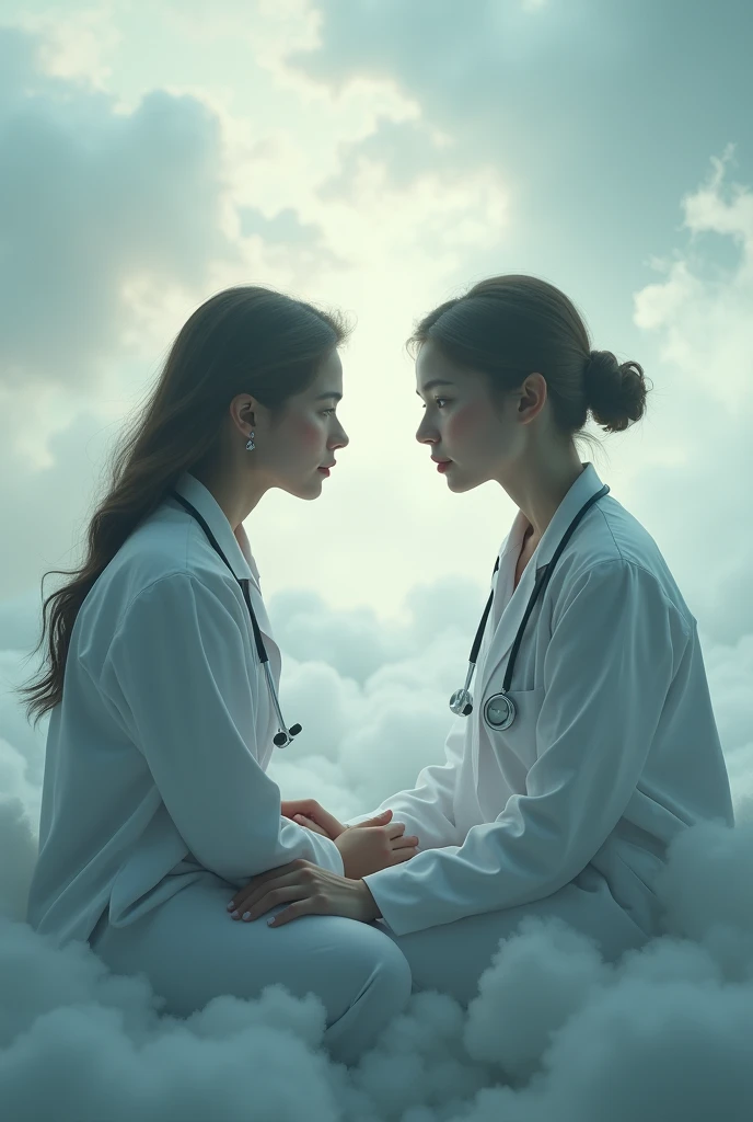 Two ladies doctor like original human seated in heaven in where cloud are present and talk with each other about his past sad life