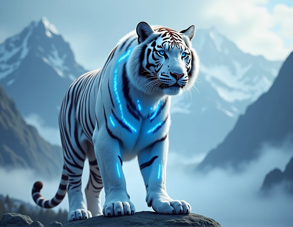 anatomically correct, masterpiece, super detail, 8k, spectral white tiger, blue glowing markings, clouded mountains