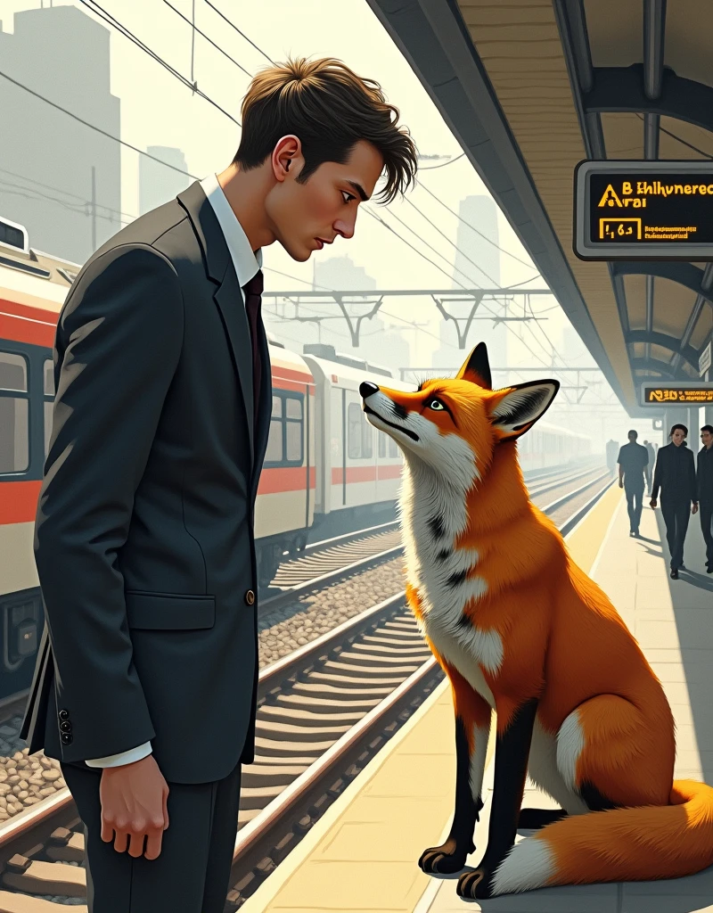 A drawing of a man staring at an orange fox at a train station