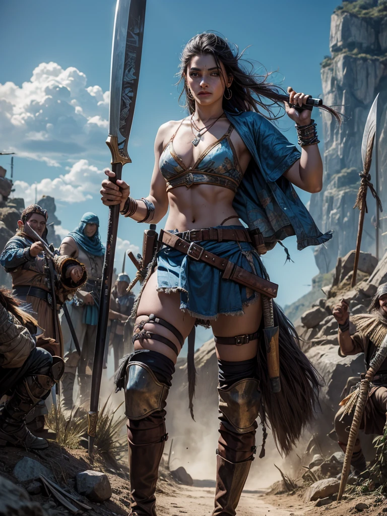 Orixa Ogum after winning the war , with blue barbarian clothes, and two machetes in the victorious pose! 