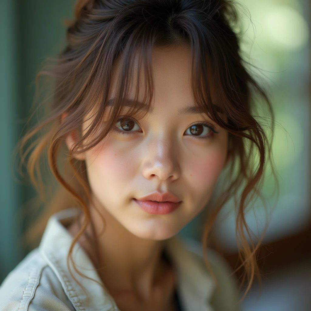 a beautiful woman of 2, light brunette, close-up, girl next door, no glasses, lips, makeup, make-up, day, messy hair, retro, baggy clothing, filmed on ARRI ALEXA 65, sharp focus on the subject, Fujifilm XT-3