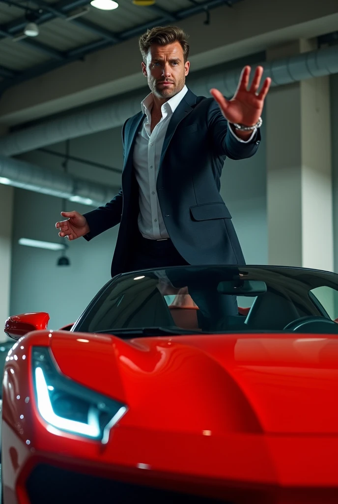 Photo of a man on top of a sports car pointing at you 