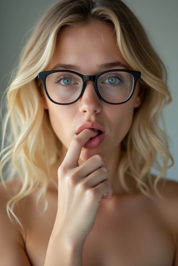 Blonde wavy hair girl with glasses biting her lower lip completely naked ()