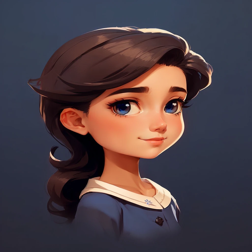 a cartoon girl with long hair and a blue dress, close-up character portrait, character design portrait, stylized portrait, Portrait Character Design, detailed portrait of the character, retrato de arte de personagem, close-up of the character's portrait, headshot portrait of character, highly detailed character, highly detailed character design, Character up close, portrait of a small character, stylized character design. playing in the garden.