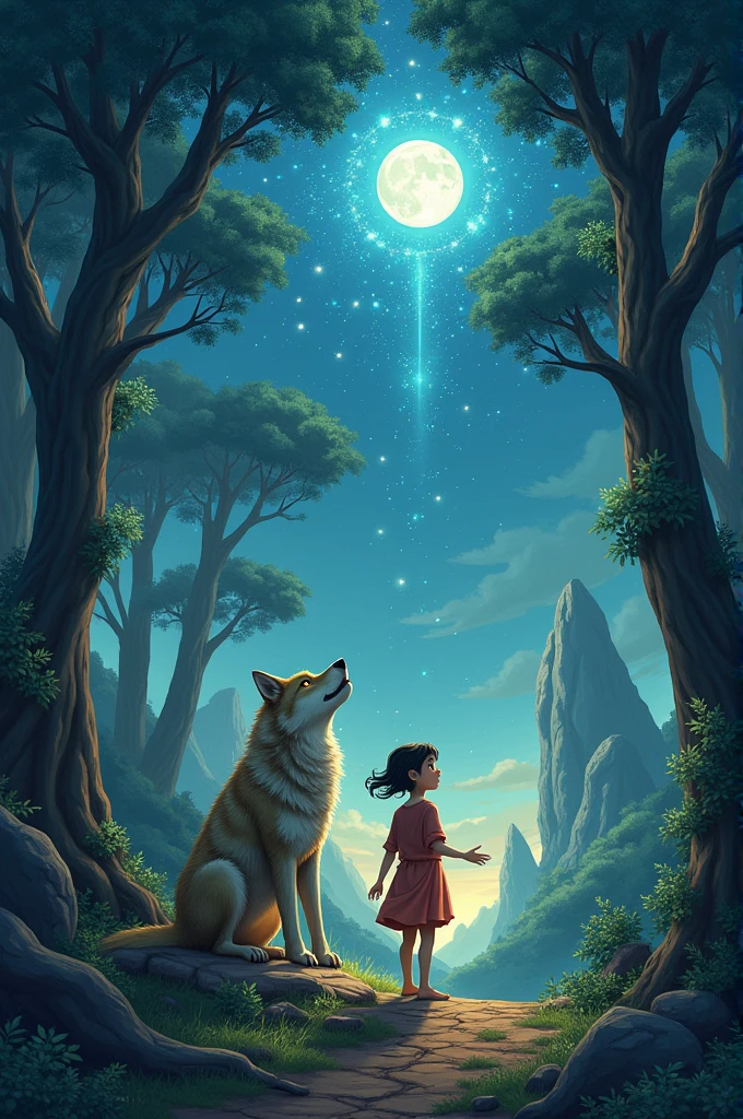 Make 6 images for this story: On the borders of the kingdom of Eldoria, where the winds whisper ancient secrets and the trees have a beating heart, vivia uma garota chamada Healthy. Since she she heard stories about the legendary Star Stone, a magical jewel that granted immeasurable power to whoever possessed it. Many went looking for her, but none returned.
Healthy, but he had a special gift. She could speak to animals and understand the language of the Eryndors., She decided it was her destiny to find the Starstone and use it to protect her lands from the coming darkness..
Their journey began in the dark forest of Aeloria., a place where sunlight rarely penetrated and the paths moved like snakes. In the heart of the forest, she finds a wounded wolf. His golden eyes shone with intelligence and gratitude.. Healthy usou as ervas que aprendeu com o avô para curar o loco que se tornou Fenrir, The guardian of the forest.
__ You saved me, jovem Healthy. in exchange, I will guide you to the Stargatex where the Questing Stone resides.. - said Fenrir, with a soft grunt.
__ Together they crossed magical rivers and enchanted mountains, facing mystical creatures and overcoming ancient enigmas.. Cada desafio fortaleceu o vínculo entre Healthy e Fenrir, who became inseparable friends.
Finally, arrive at the Circle of Stars, place where the sky touches the earth. At the center, the Star Stone floated, irradiando luz prateada conforme Healthy se aproximava, an ancient spirit appeared.
__ Only someone whose heart is pure can claim this power.. You are worthy of him? - Asked the spirit.. Healthy estendeu sua mão e disse: -I do not seek power for myself, just to protect those I love. I just want peace for my kingdom.
A luz da starstone cobriu Healthy e o espírito sorriu. “You are worthy. Use this power wisely. With intense shine, a pedra se funde com Healthy, infusing it with energy and wisdom. She returned to Eldoria, now guardian of the stars,