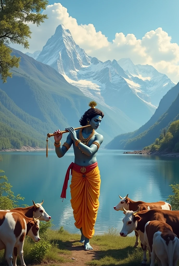 Make one banner for bhagvat Katha
Shree krishna with flute and lake and mountain cows 30×10 Miter size landscape