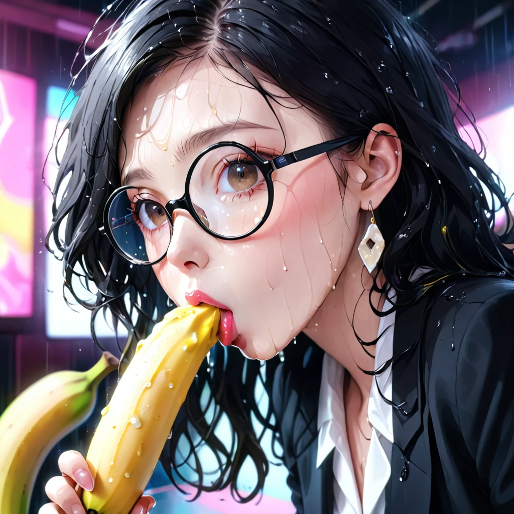 (masterpiece, best quality: 1.2), Sexy eyes,The expression of a kiss,Wet pink and white sexy lips, Full figure,earrings, eating banana,full-body shot, realistic, Analog style, vhs style, 8mm film, chromatic aberration, Dvd screengrab, 80s movie, cinematic lighting, Yumi tsu, Live portrait photography, Contemporary photography, in the style of gothic dark intensity, snapshot aesthetic, light black, chinapunk, slender, karencore, high details, realsitic shadow, in motion, film still, yellow and black highlights hair,wear glasses,black and yellow hair, ((((giant glasses, otaku glasses, round glasses))))