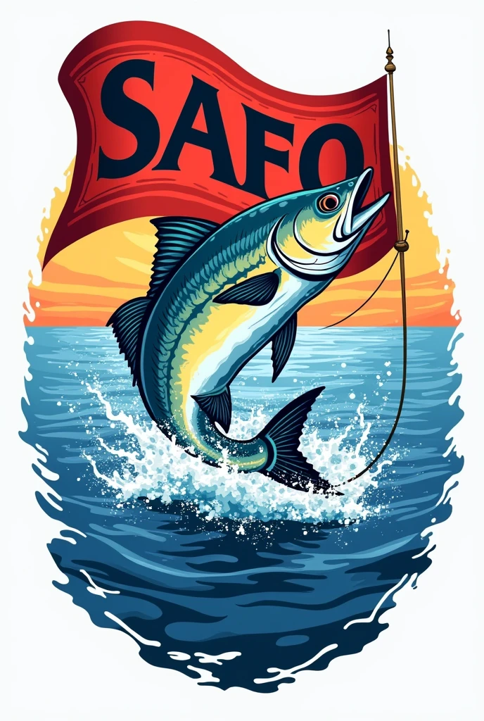 The logo of a South American fishing club is a fish jumping out of the water in the style of a flag and the acronym SAFO