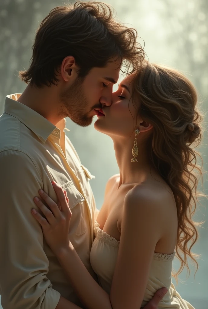 A man and a woman, lost in a passionate embrace, their lips meeting in a tender kiss. The image is rendered in a dreamy, ethereal style, capturing the essence of love and intimacy. The background is a soft, ethereal blur, creating a sense of depth and mystery.

[A romantic portrait capturing the essence of love and intimacy, reminiscent of the work of  Greg Rutkowski], [Soft, diffused lighting, highlighting the textures of the couple's skin and hair, with a blurred background, creating a sense of depth and mystery. The colors are muted and ethereal, evoking a sense of romance and longing.]